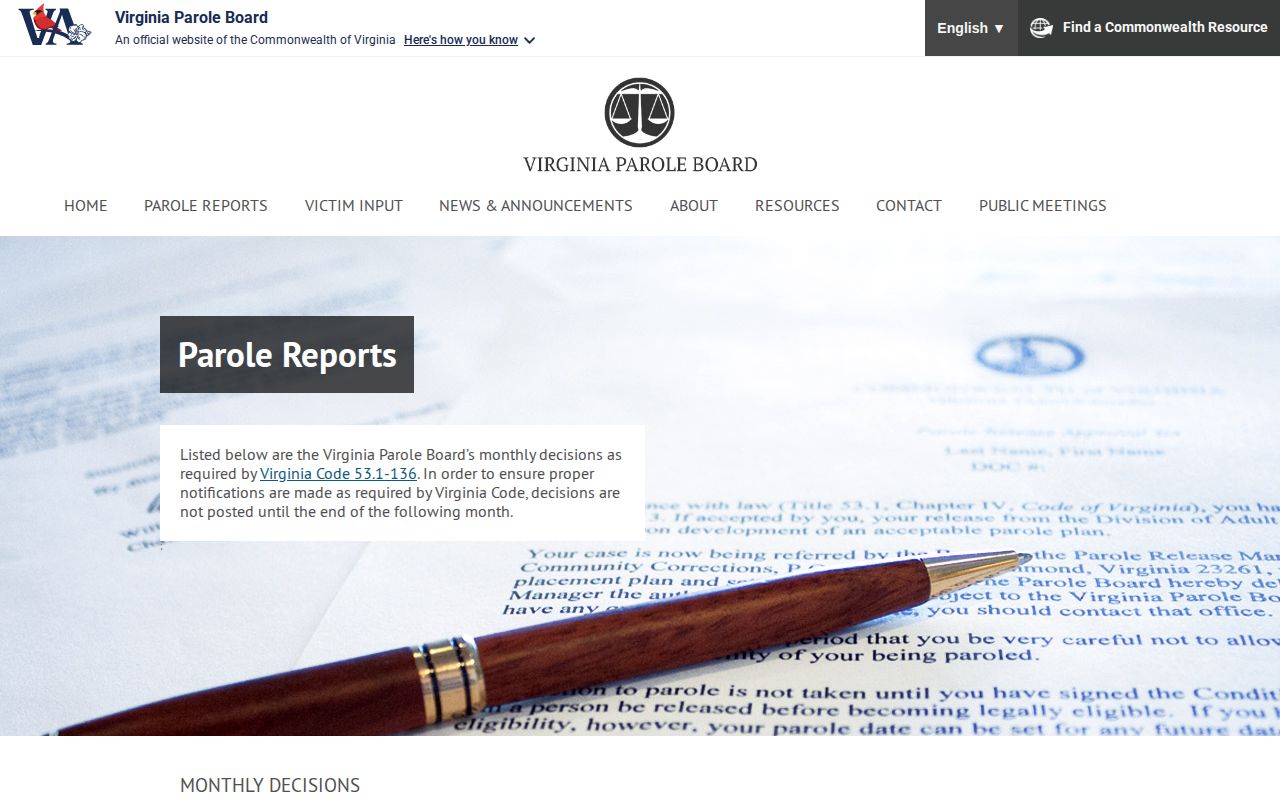 Pulaski County parole decision monthly report index