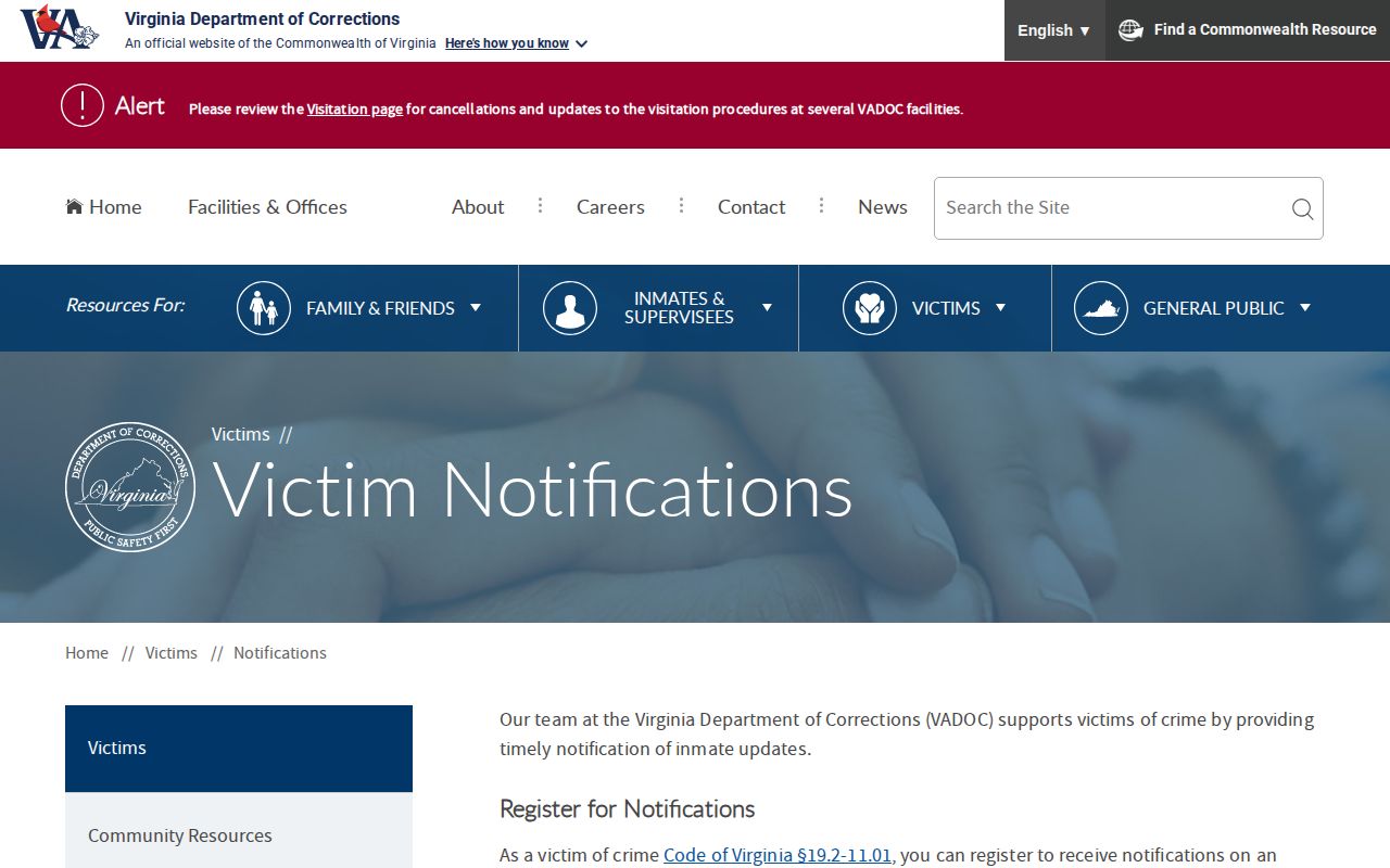 Pulaski County state-prison release notification options on the VADOC NAAVI page